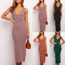 Sexy Backless Slit Hem Solid Color Slim Fit Knit Dress