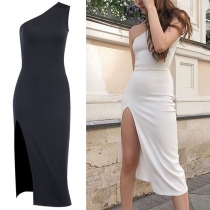 Sexy One-shoulder Slit Hem Sleeveless Slim Fit Dress