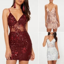 Sexy Backless V-neck Sequin Spliced Slim Fit Sling Dress