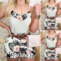 Sexy Backless V-neck Printed Sling Top + Shorts Two-piece Set(Without belt)