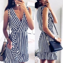 Sexy V-neck Sleeveless Irregular Hem Striped Dress