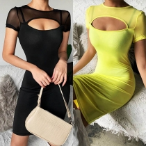 Sexy Gauze Spliced Short Sleeve Round Neck Slim Fit Hollow Out Dress