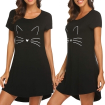 Cute Cat Printed Short Sleeve Round Neck Nightwear Dress