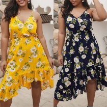 Sexy Backless V-neck Ruffle Hem Sling Printed Dress