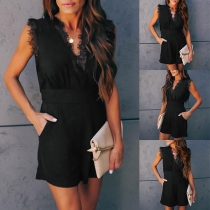 Sexy Lace Spliced Sleeveless V-neck High Waist Romper