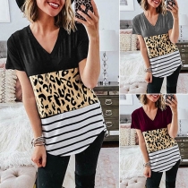 Fashion Leopard Spliced Short Sleeve V-neck T-shirt