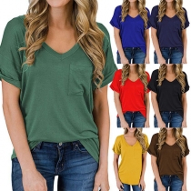 Simple Style Short Sleeve V-neck Solid Color T-shirt