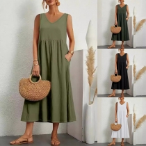 Fashion Solid Color Sleeveless Round Neck High Waist Dress