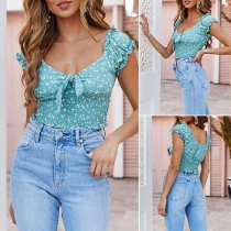Sexy V-neck Short Sleeve Elastic Hem Printed Crop Top
