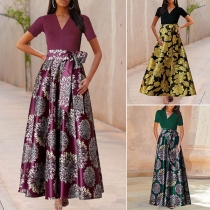 Fashion Short Sleeve V-neck High Waist Printed Hem Dress