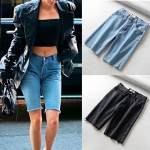 Fashion High Waist Frayed Hem Slim Fit Denim Knee-length Shorts