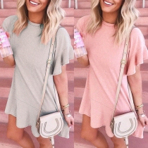 Fashion Solid Color Lotus Sleeve Round Neck Dress