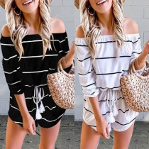 Sexy Off-shoulder Boat Neck Long Sleeve Striped Romper