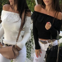 Sexy Lace Spliced Boat Neck Long Sleeve Solid Color Knit Top