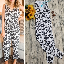 Sexy V-neck Short Sleeve Leopard Printed Jumpsuit