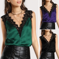 Sexy Backless V-neck Lace Spliced Sleeveless Top