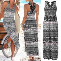 Bohemian Style Sleeveless Round Neck Slit Hem Printed Maxi Dress