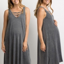 Fashion Sleeveless V-neck Solid Color Maternity Dress