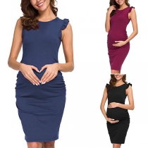 Elegant Solid Color Sleeveless Round Neck Maternity Dress