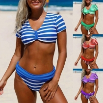 Sexy V-neck Short Sleeve Striped Bikini Set