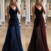 Sexy Deep V-neck Sleeveless High Waist Sequin Spliced Party Dress