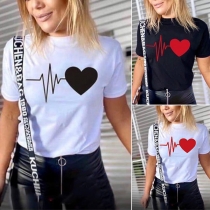 Fashion Heart Printed Short Sleeve Round Neck T-shirt