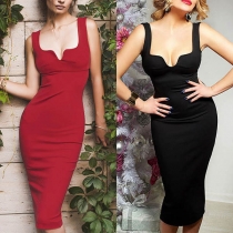 Sexy V-neck Sleeveless Solid Color Slim Fit Dress