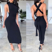 Sexy Backless Sleeveless Solid Color Slim Fit Dress