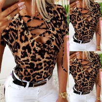 Sexy Lace-up V-neck Short Sleeve Leopard Printed T-shirt