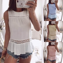 Fashion Solid Color Sleeveless Round Neck Hollow Out Top