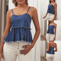 Sexy Backless Ruffle Hem Sling Denim Top