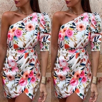 Sexy One-shoulder Half Sleeve Slim Fit Printed Dress