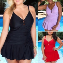 Sexy Backless V-neck Ruffle Hem Sling Swimming Dress