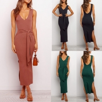 Sexy Backless V-neck Slit Hem Sleeveless Slim Fit Dress