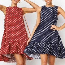 Fashion Sleeveless Round Neck Ruffle Hem Dots Printed Dress