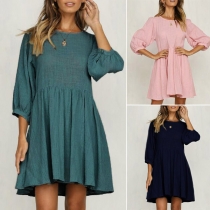 Fashion Solid Coloe 3/4 Sleeve Round Neck Dress