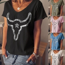 Fashion Short Sleeve V-neck Sequin Spliced T-shirt