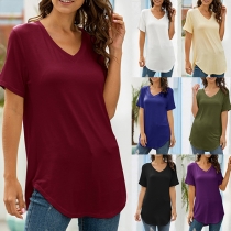 Fashion Solid Color Short Sleeve V-neck Arc Hem T-shirt