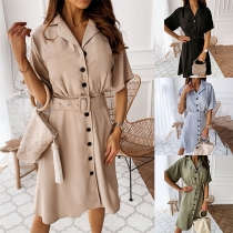 OL Style Short Sleeve Single-breasted Solid Color Shirt Dress