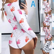 Sexy Deep V-neck Long Sleeve Printed Romper
