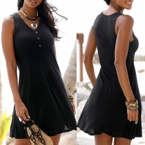 Fashion Solid Color Sleeveless V-neck Beach Dress