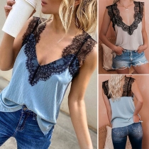 Sexy Backless V-neck Lace Spliced Sleeveless Top