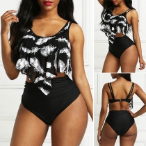 Sexy Backless High Waist Feather Printed Bikini Set