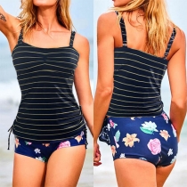 Sexy Backless Striped Sling Top + Printed Shorts Swimsuit Set