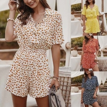 Fresh Style Short Sleeve V-neck High Waist Printed Romper