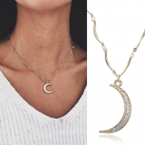 Fashion Rhinestone Inlaid Crescent Pendant Necklace