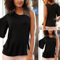 Sexy One-shoulder Trumpet Sleeve Solid Color T-shirt