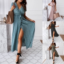 Sexy V-neck Slit Hem Short Sleeve Dots Printed Dress