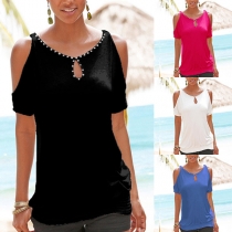Sexy Off-shoulder Short Sleeve Round Neck Beaded T-shirt