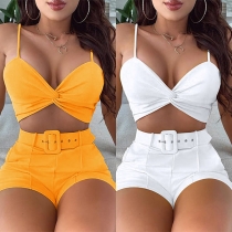 Sexy Backless V-neck Sling Crop Top + Shorts with Waistband Two-piece Set